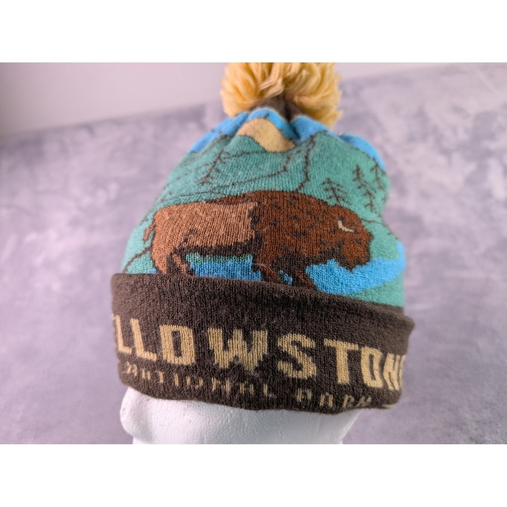 Yellowstone National Park Bison Graphic Knit Beanie Pom Pom Hat Brown Blue Multi